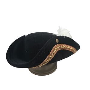 Pirate Hat Black Felt 3 Sided Gold Braid White Feather Costume Reinactment Play